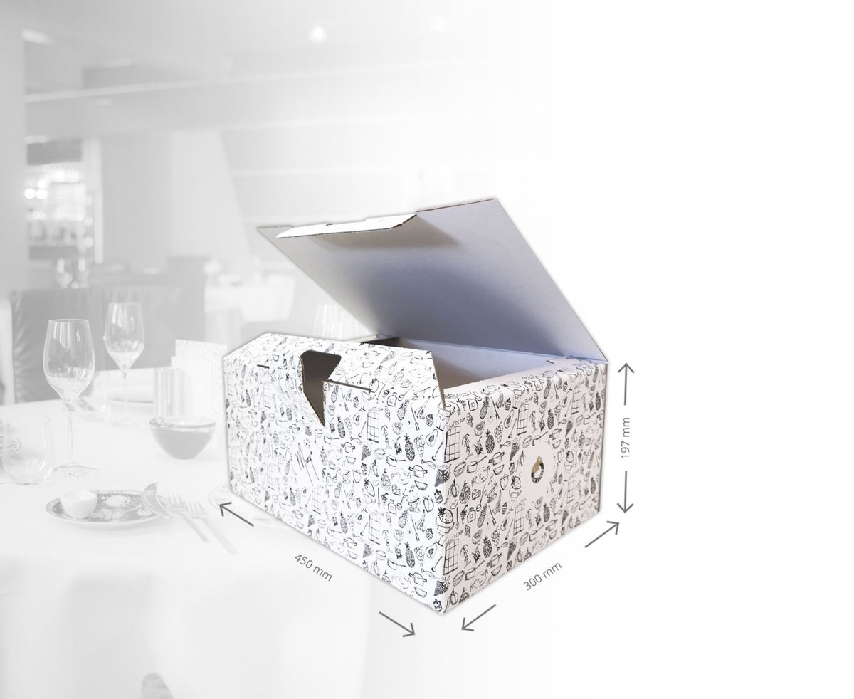 Dinerbox eigen ontwerp gemaakt van karton door Holbox 
Shopdirect 