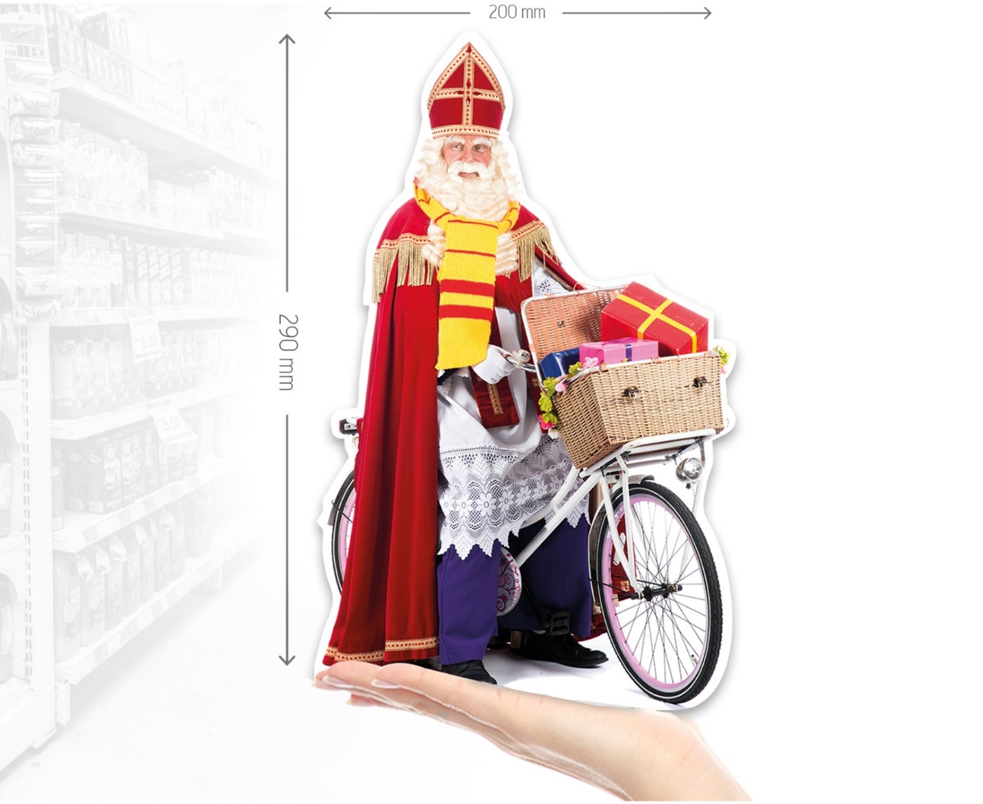 Mini cardboard Saint Nicholas on a bicycle