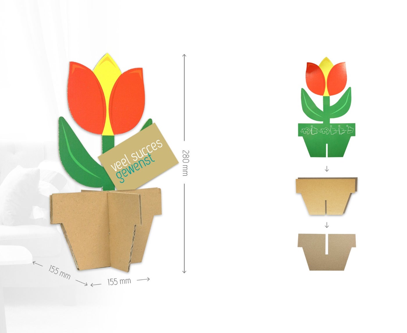 kartonnen tulp met kaartje om op tafel te zetten