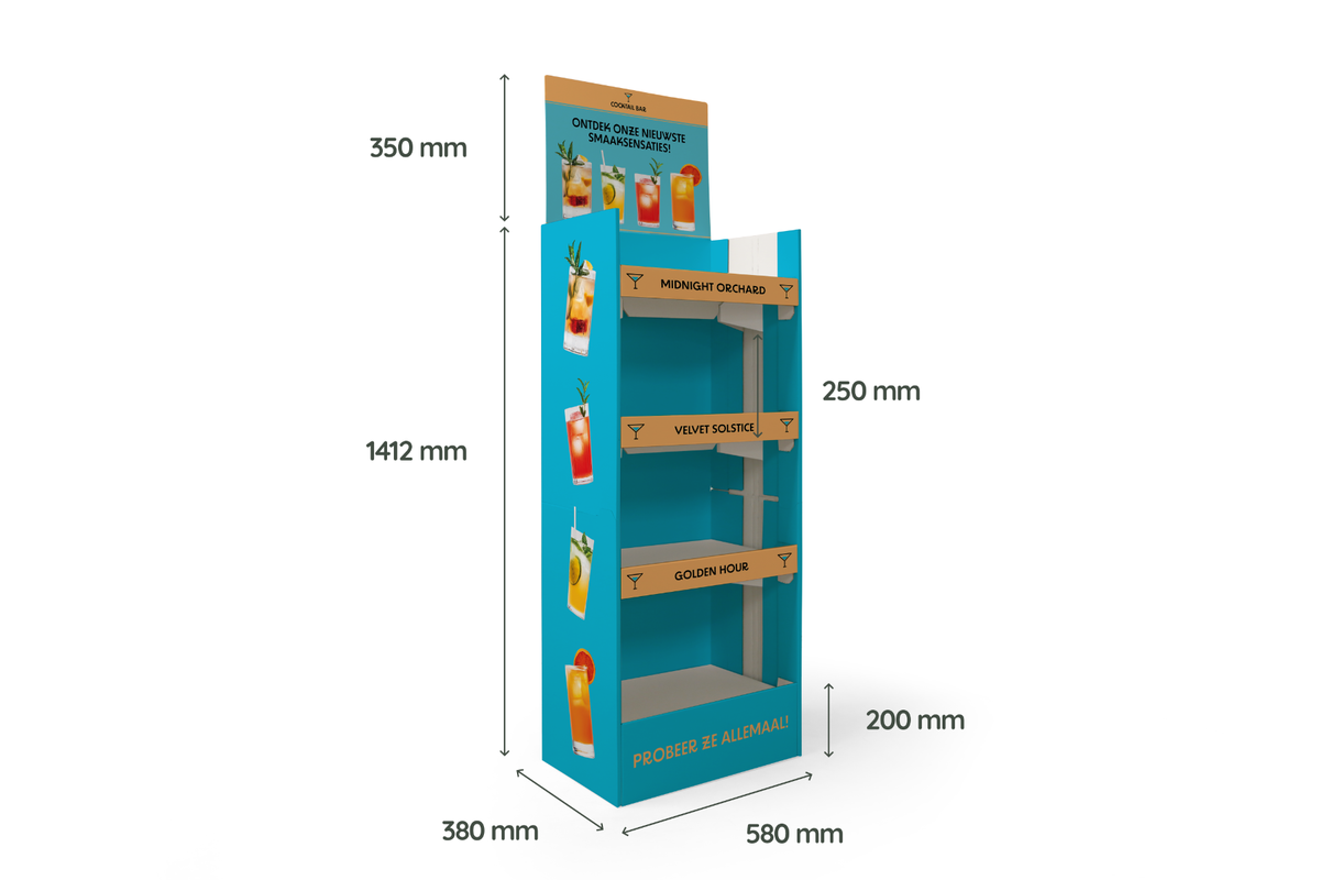 Foldable Shop Display - 45 graden links voor incl maatvoering Foldable Shop Display - 45 graden links voor incl maatvoering