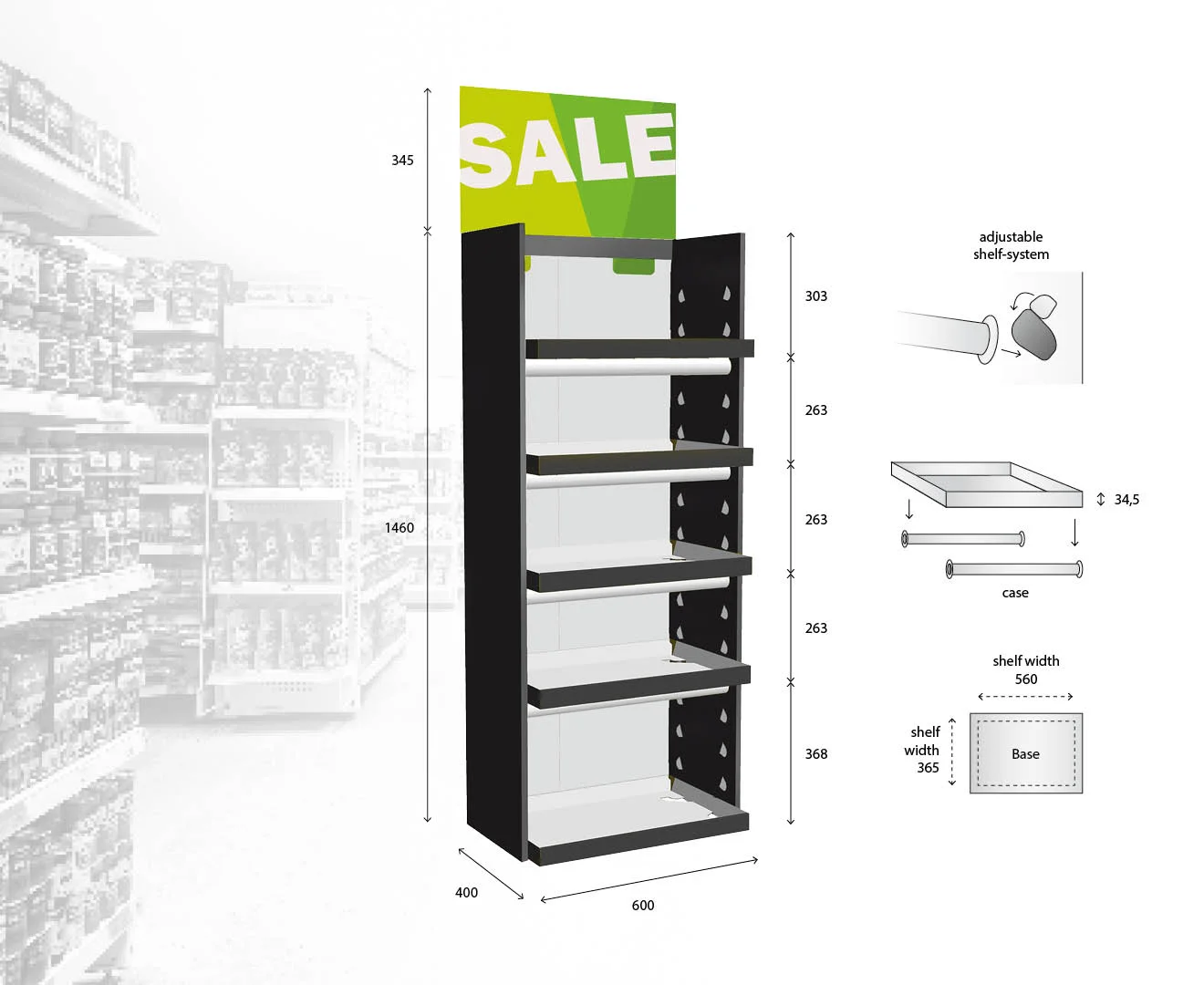 Palletdisplay REGULAR zwart - maatvoering Palletdisplay REGULAR zwart - maatvoering