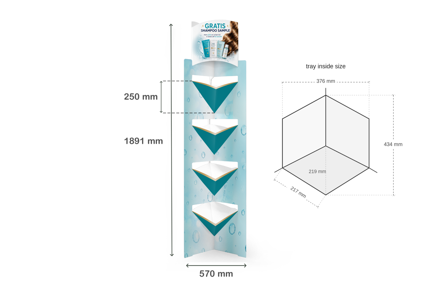 Tower Dumpbin – 4 product compartments – front view incl. dimensions Tower Dumpbin – 4 product compartments – front view incl. dimensions